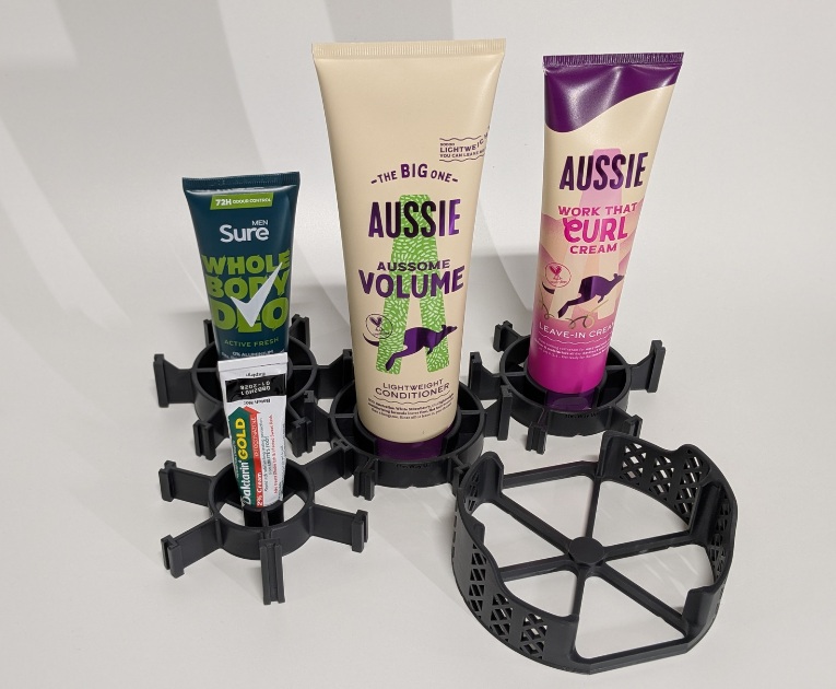 3D printed pucks holding cosmetic products